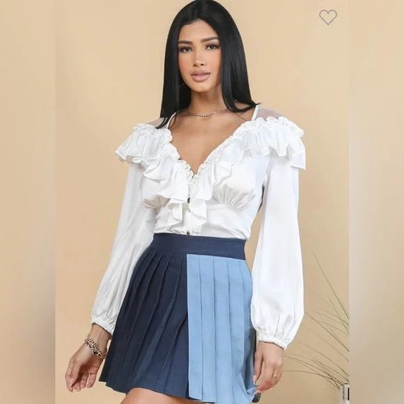 Ruffled V Neck Elastic Puff Sleeves Blouse - Picture 1 of 10